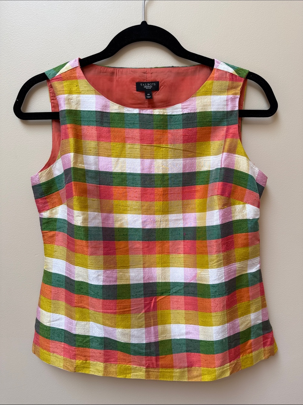 Talbots Plaid Sleeveless Silk Top - Coral, Yellow, Green, White